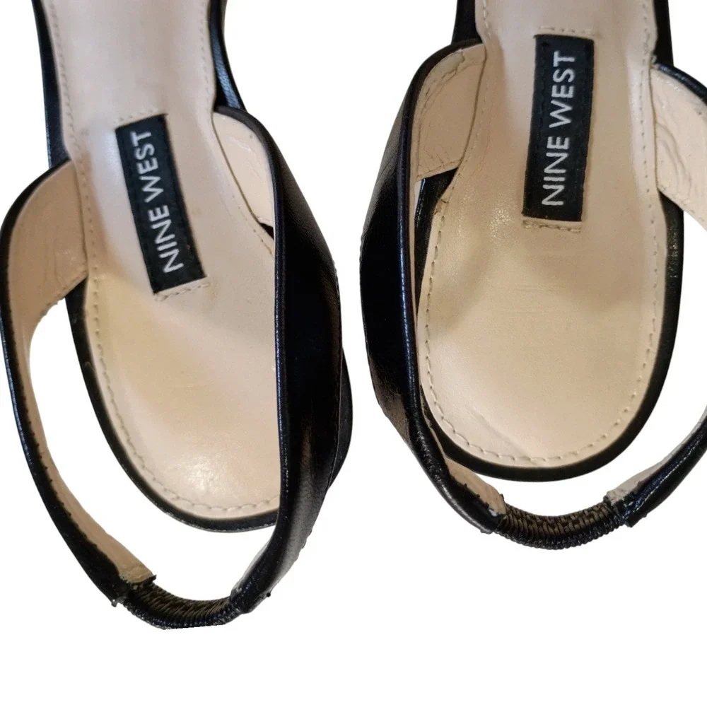 Nine West Black Leather Slingback Pumps Pointed Toe Stiletto Heels dOrsay SZ 9.5